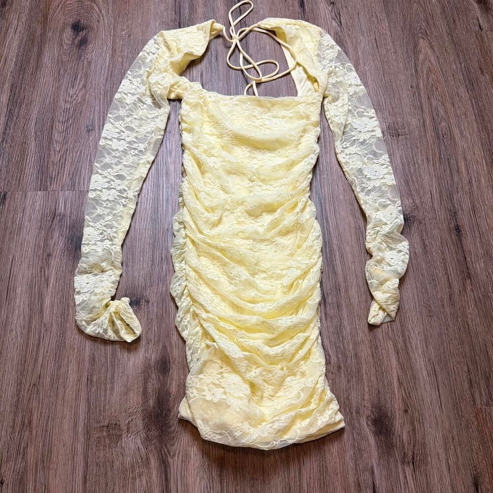 lucy in the sky butter yellow long sleeve lace shawl rouched mini dress